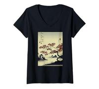 Womens Whispers of Autumn Minimalist Japanese Ukiyo-e Landscape V-Neck T-Shirt