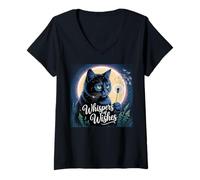 Womens Whispers of Wishes Black Cat with Dandelion under Moon Fanta V-Neck T-Shirt
