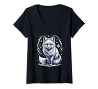 Womens White Arctic Fox Snowflakes Under Winter Night Sky V-Neck T-Shirt