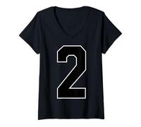 Women's White Black Sports Team Number #2 V-Neck T-Shirt