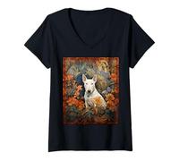 Women's White Bull Terrier Dog Floral Portrait V-Neck T-Shirt
