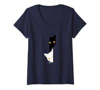 Womens White Cat and Black Cat Peeking Out Cute Pet Owner Design V-Neck T-Shirt