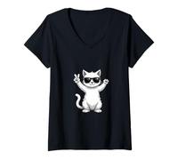 Womens White cat Showing The Peace Sign V-Neck T-Shirt