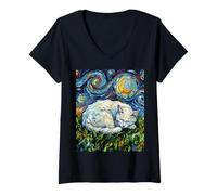 Women's White Cat Starry Night Sleeping Feline and Moon Artwork V-Neck T-Shirt