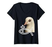 Womens White Christ Dove Portrait with Cross Reflection in Eye V-Neck T-Shirt