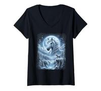 Women's White Color Horse Moon Winter Forest Mystical Stallion V-Neck T-Shirt