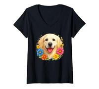 Womens White English Cream Golden Retriever Colorful Spring Flowers V-Neck T-Shirt