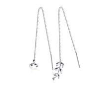 Women's White Gold Asymmetric Leaf Threader Earrings - Nature-Inspired Long Earrings, Daily Accessory, Ideal for Birthday & Valentine's Day Gifting