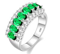 Women's White Gold Plated Oval Cut Green Cubic Zirconia 7 Stone Wedding Band Birth Stone Ring J501 (Platinum,Green,Size O)