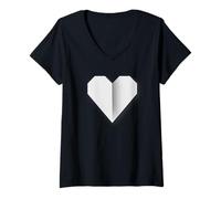 Womens White Heart Origami Style Love Symbol Design V-Neck T-Shirt