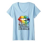 Womens White Hetero Cis Male - Colorful Lips V-Neck T-Shirt
