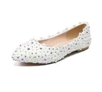 Women's White Lace Wedding Flats Pointed Toe Rhinestone Bridal Shoes Comfortable Flat Dress Shoes for Bride Bridesmaid Prom Evening Party (White,7.5)