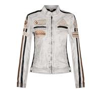 Womens White Leather Biker Casual Racing Moto Badges Jacket