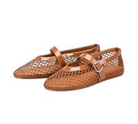 Women's White Mesh Mary Jane Flats, Breathable Round Toe Ballet Shoes with Adjustable Ankle Strap, Cute Casual Dress Shoes for Women(Brown,5 UK)