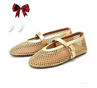 Women's White Mesh Mary Jane Flats, Breathable Round Toe Ballet Shoes with Adjustable Ankle Strap, Cute Casual Dress Shoes for Women(Gold,6 UK)