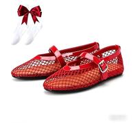 Women's White Mesh Mary Jane Flats, Breathable Round Toe Ballet Shoes with Adjustable Ankle Strap, Cute Casual Dress Shoes for Women(Red,4.5 UK)