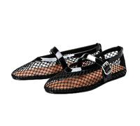 Women's White Mesh Mary Jane Flats, Breathable Round Toe Ballet Shoes with Adjustable Ankle Strap, Cute Casual Dress Shoes for Women(Black,3 UK)