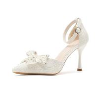 Women's White Pearl Bow Pointed Toe High Heel Sandals - Wide Width 3.35 Inch Comfort Heels for Weddings, Vacation, Night Out,White,4 UK