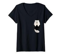 Women's White Persian Cat Pocket Kitty Graphic Design V-Neck T-Shirt