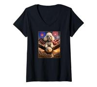 Women's White Poodle Dog on Bald Eagle American Flag Glasses USA V-Neck T-Shirt
