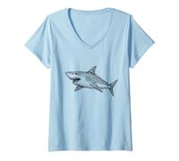 Women's White Shark Sketch Sharks Abstract Scribble Art Minimalist V-Neck T-Shirt