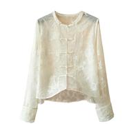 Women's White Silk Organza Chinese Style Top Spring Long Sleeve Heavy Embroidery National Style Frog Button Blouse White XS
