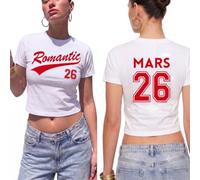 Womens White T-Shirt Y2K Baby Tee Romantic 26 Red Concert Print Mars 26 | Y2K womens crop tee, white cotton baby tee, red graphic front and back, cropped fit, festival outfit, aesthetic tee