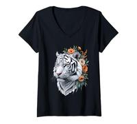 Women's White Tiger Floral Portrait V-Neck T-Shirt