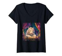 Women's White Tiger Fortune Teller Mystical Animal Art V-Neck T-Shirt
