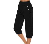 Women's White Trousers Care Summer Drawstring Elastic High Waist Linen Trousers Straight Cut Off pants Women, black, L