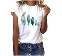 Womens White Tshirts Short Sleeve Round Neck Summer Casual Shirts Trendy Feather Graphic Tunic Tops Regular Fit Printed Tees Blouses Summer Fashion Tops for Ladies UK