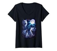 Women's White Wolves Under the Full Moon Vintage Fantasy Lightning V-Neck T-Shirt