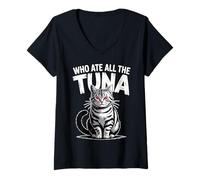 Womens Who Ate All The Tuna Angry Cat Funny V-Neck T-Shirt