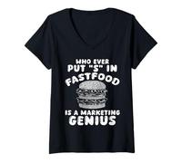 Womens Who Ever Put S in Fastfood! Funny Burger Marketing Genius V-Neck T-Shirt