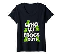 Womens Who Let The Frogs Out? Funny Frog Lover Men Women Kids V-Neck T-Shirt