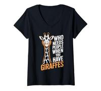 Womens Who Needs People When You Have Giraffes Funny Animal V-Neck T-Shirt