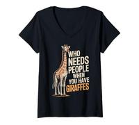 Womens Who Needs People When You Have Giraffes Funny Giraffe V-Neck T-Shirt