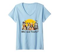 Womens Who Said Treats Funny Halloween Dog Design V-Neck T-Shirt