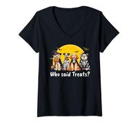 Womens Who Said Treats Funny Halloween Dog Design V-Neck T-Shirt