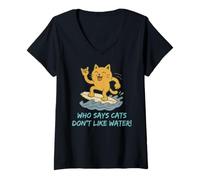 Womens Who Says Cats Don't Like Water! Surfing Kitty V-Neck T-Shirt