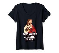 Womens Who Would Jesus Draft Funny Fantasy Football DFS League Joke V-Neck T-Shirt