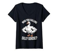 Womens Who You Calling Silly Goose Funny Muscular Goose Bodybuilder V-Neck T-Shirt