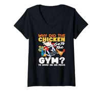 Women's Why Did The Chicken Go to The Gym Pecks Funny Workout Pun V-Neck T-Shirt
