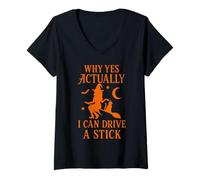 Womens Why Yes Actually I Can Drive a Stick Witch Halloween Funny V-Neck T-Shirt