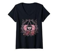 Womens Wiccan Crescent Goth Moth Floral Moons Dark Vintage Romance V-Neck T-Shirt