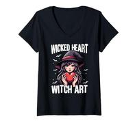 Womens Wicked Heart Witch Art Cute Gothic Witch V-Neck T-Shirt