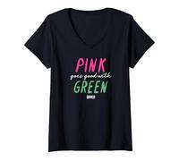 Women's Wicked Pink Goes Good with Green V-Neck T-Shirt, Black, Medium