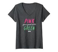 Women's Wicked Pink Goes Good with Green V-Neck T-Shirt, Dark Heather Grey, Large