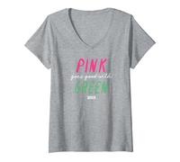 Women's Wicked Pink Goes Good with Green V-Neck T-Shirt, Heather Grey, Medium
