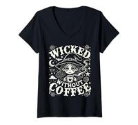 Womens Wicked Without Coffee - Funny Witchy Coffee Lover V-Neck T-Shirt